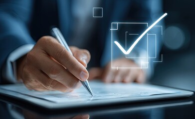Close-up of a person signing a digital document with a pen, a checkmark graphic overlaid