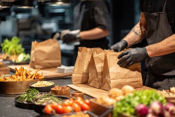 Chefs preparing takeaway food orders in a busy restaurant kitchen.