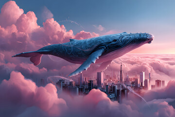 Gigantischer Wal schwebt &uuml;ber futuristischer Stadt in rosa Wolken 
