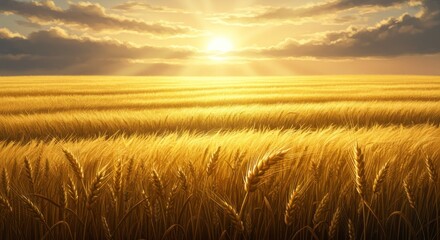 Obraz premium A golden wheat field stretches out under a vibrant sunset, bathed in warm, golden light.