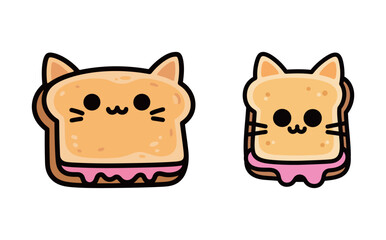 Cute cartoon cat toast doodle illustration set. A fun and whimsical food and animal hybrid.