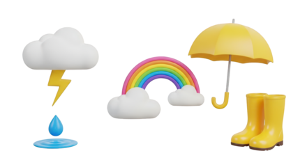 3D cartoon weather icons with rainbow and yellow boots cloud isolated on a transparent background