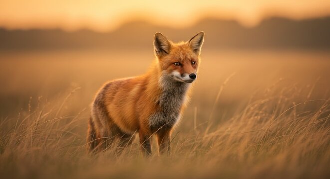 A vibrant red fox stands alertly in a field of tall, golden grass, illuminated by warm, soft sunlight at dawn or dusk - Powered by Adobe