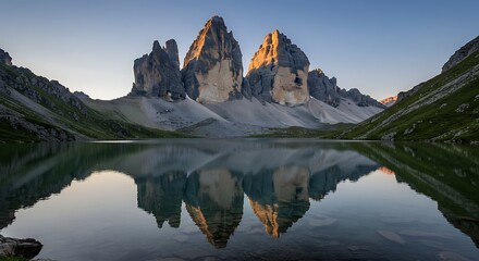 Majestic mountain peaks reflected in crystal clear lake