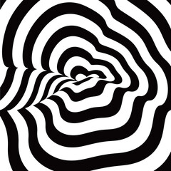 Abstract black and white twisted vortex pattern, representing a tunnel, spiral or wormhole.