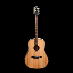 Naklejka premium Full view of acoustic guitar with wooden body and six strings, isolated on clean black background, representing sound, music, art, tradition and performance