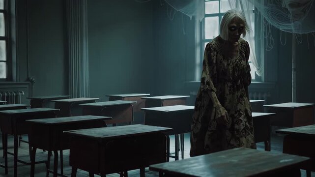A ghostly, zombie-like woman wanders through an abandoned classroom filled with empty desks. Shadows and eerie light create a tense atmosphere in this haunting horror scene of isolation and suspense.