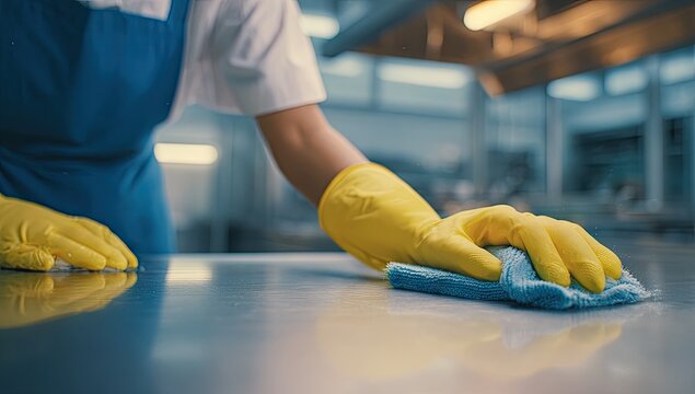 Professional cleaner wearing yellow gloves wiping a stainless steel surface.