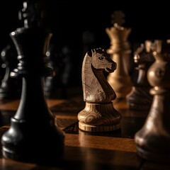 Black chess pieces arranged on a wooden chessboard ready for play