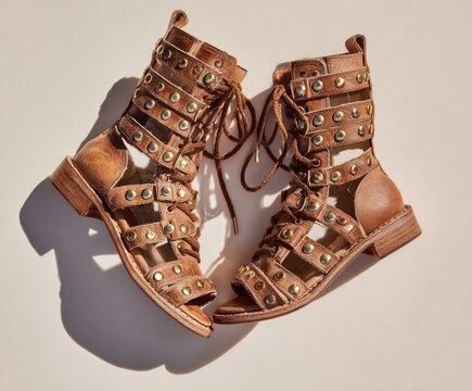 Pair of light brown leather gladiator sandals with metal studs