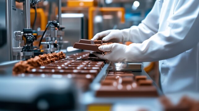 Chocolate production process factory industrial photography confectionery environment close-up view craftsmanship in chocolate making