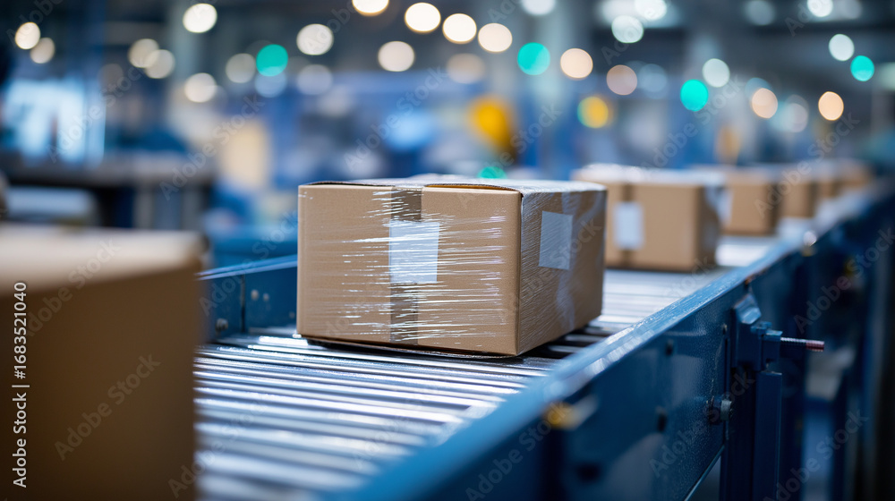 Poster shipping preparation scene with multiple pallets holding shrink wrapped cardboard boxes conveyor sys