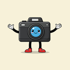 Cartoon groovy photo camera retro character. Isolated vector funky, hippie style photocamera personage adorned with vibrant daisy flowers, stars and playful smile push shooting button to make snapshot