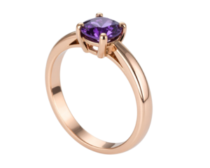  Transparent Background Minimal Amethyst Ring with Thin Rose Gold Band, Side Profile View,