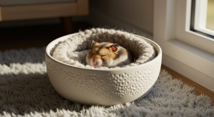 Plakat Hamster naps soundly curled inside a woven bed in a white bowl near a window