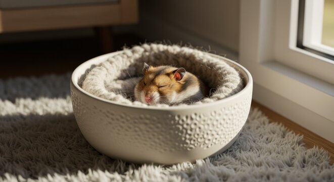 Hamster naps soundly curled inside a woven bed in a white bowl near a window