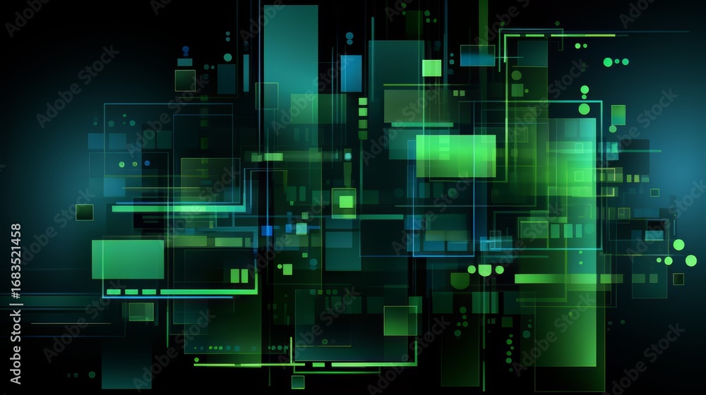 Poster green and blue image of a cityscape with many squares and rectangles. the image has a futuristic and