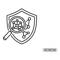 Cybersecurity icon shield network molecule magnifying glass vector graphic scalable illustration