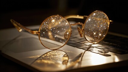 Obraz premium Round gold-framed glasses resting on a laptop keyboard, glittering light reflecting within the lenses