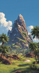 Fototapeta premium Mountain peak rising above lush valley, palm trees