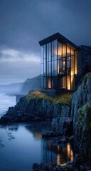 Fototapeta premium Modern glass-fronted house perched on a dramatic cliff overlooking a tranquil ocean at twilight