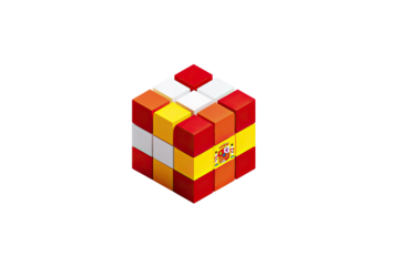 A 3D cube puzzle, shaped like the Spanish flag