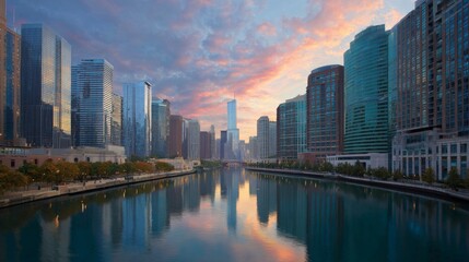 Fototapeta premium Chicago city skyline reflected in river at sunrise Skyscrapers calm water and colorful sky
