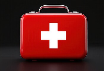 Fototapeta premium A vibrant red first-aid kit, elegantly presented against a dark backdrop, with a prominent white cross.