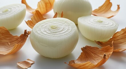 Peeled white onions halved, showing their rings, with papery skin scattered around