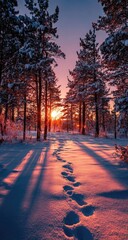 Winter sunset path through snow-covered forest. Sunlight streams through pine trees, casting long shadows on pristine snow, with animal tracks visible