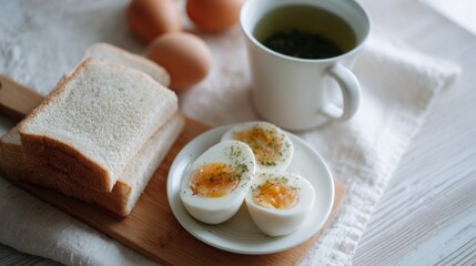 Fototapeta premium Simple breakfast sliced hard boiled eggs bread and tea hardboiled eggs
