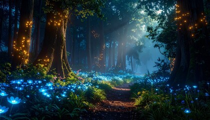Enchanted forest of glowing flora and towering bioluminescent trees, casting soft radiant light across misty woodland paths. 