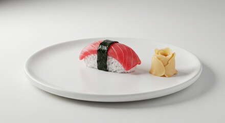 A single piece of tuna nigiri sushi, atop a white plate, next to a small, sculpted, light-tan, rose-shaped piece of food