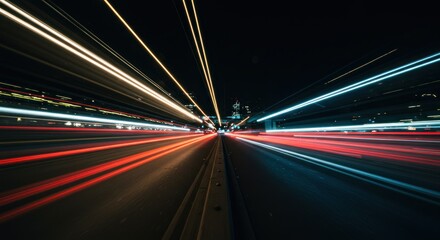 Dynamic streaks of light illuminate a city highway at night, showcasing the rapid movement of vehicles.