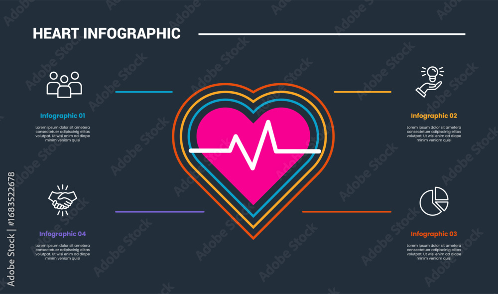 Poster heart diagram infographic process diagram with big center with line outer on quadrant structure with