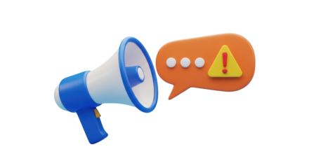 3D megaphone with orange speech bubble and warning symbol bullhorn announcement isolated on a transparent background