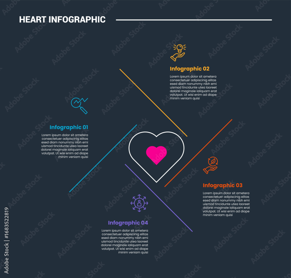 Poster heart diagram infographic process diagram with center heart with circular long skew line with balanc