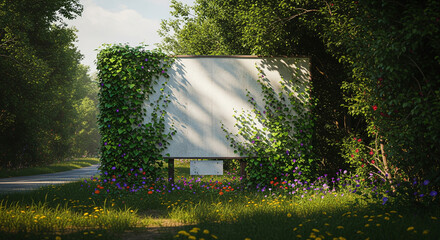 A large blank white wall, framed by lush green ivy and colorful flowers, provides a beautiful, natural mockup for a sign or art installation.