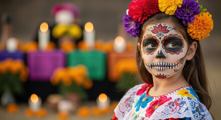 Day of Dead celebration features young girl with sugar skull face paint and floral headdress. Colorful Day of the Dead makeup and traditional clothing.