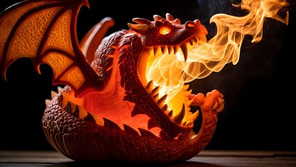 Fiery Dragon Sculpture Exuding Flames and Majesty A Fantasy Creature with Glowing Eyes Standing Proudly Ready for Action