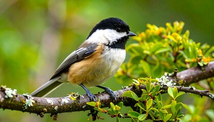 Naklejka premium A detailed close-up of a chickadee perched on a branch, showcasing its black, white, and brown plumage against a backdrop of vibrant green foliage and blurry out-of-focus background.