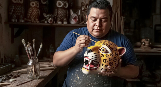 Craftsman creates traditional jaguar mask in workshop filled with vibrant cultural artifacts