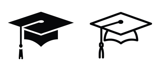 Graduation Cap editable stroke outline icon isolated on white background flat vector illustration, black outline, Pixel perfect