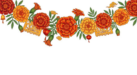 Day of Dead floral arrangement with marigold flowers and traditional elements. Festive Day of Dead design featuring orange and yellow marigolds, creating a vibrant and colorful border.