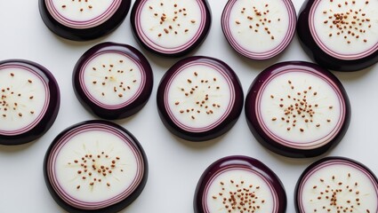 A top-down view of multiple sliced red onions, showcasing their concentric rings and tiny seeds.