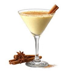 Creamy eggnog cocktail with cinnamon stick isolated on transparent background