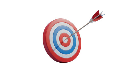 3D rendered dartboard with arrow hitting the bullseye target accuracy isolated on a transparent background