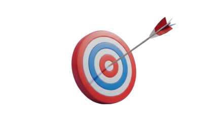 3D rendered dartboard with arrow hitting the bullseye target accuracy isolated on a transparent background