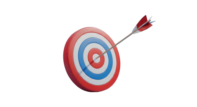 3D rendered dartboard with arrow hitting the bullseye target accuracy isolated on a transparent background