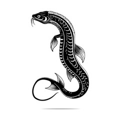 Obraz premium Black and white vector illustration of an artistic dragon fish, suitable for use in fantasy novels, cover designs, gaming posters, tattoo art, comics artwork, and digital illustrations.